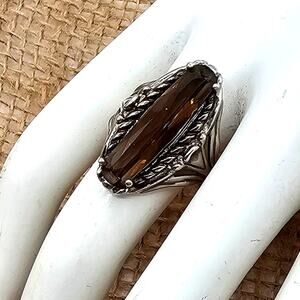 Vintage Sterling Silver Navajo Style Smoky Quartz Ring Faceted Oval Size 7.25
